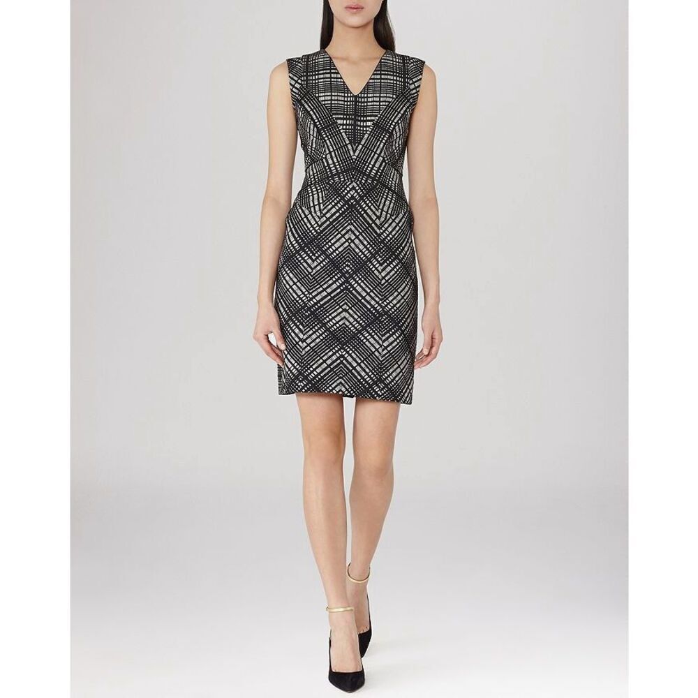 Reiss Nadine checkered black white sheath dress size 10